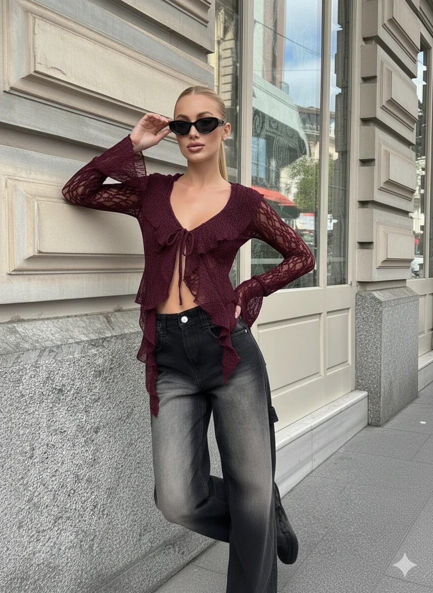 Siyah Dantel Bağlama Detaylı Bluz - Bordo