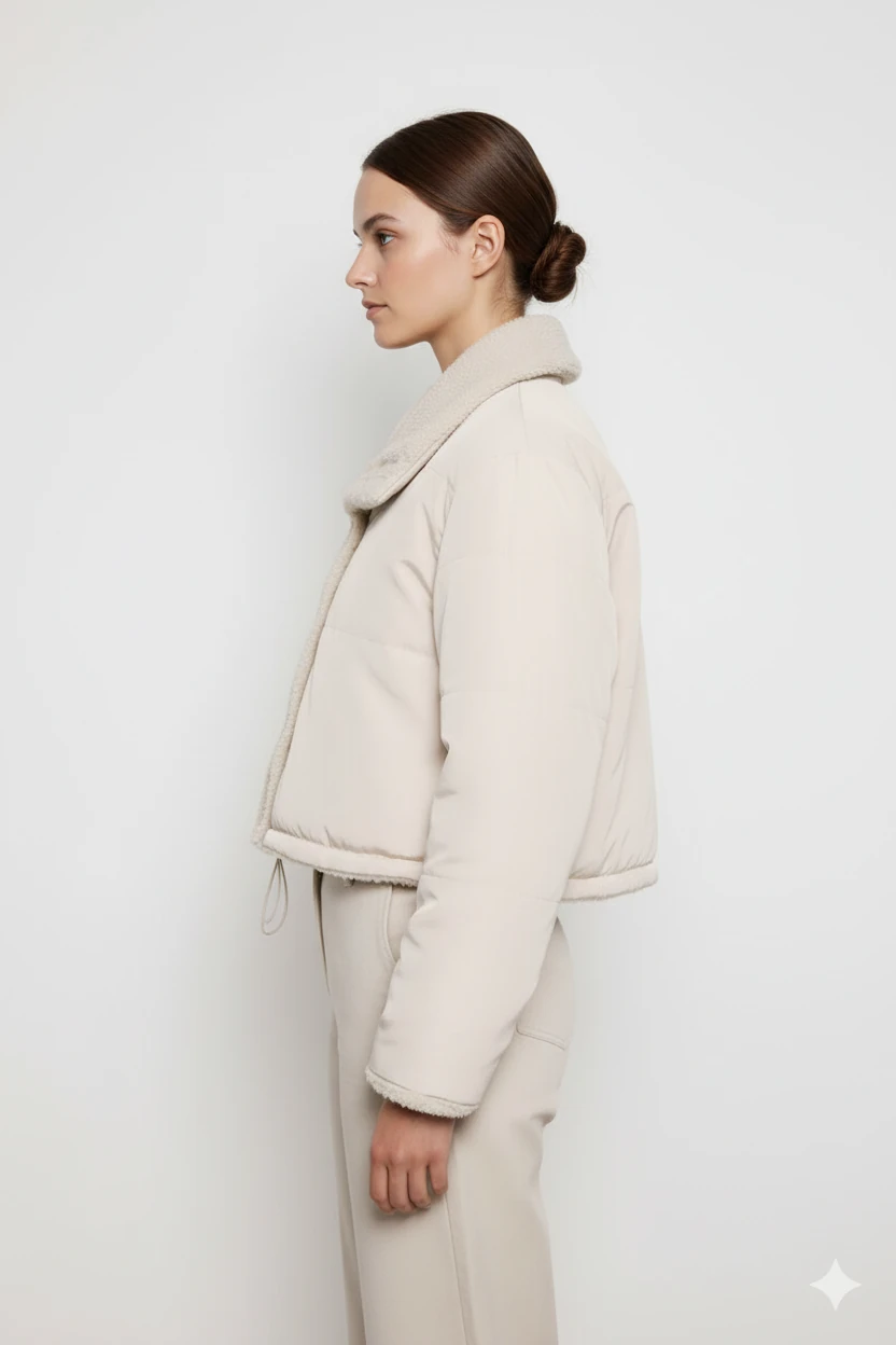 Cemo Düğmeli Kuzu Kürk Yakalı Kısa Ceket Açık Bej