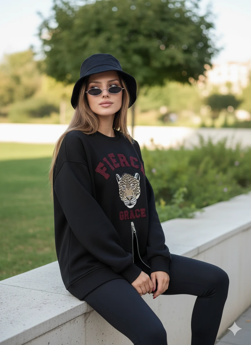 Fermuarlı Leopar Baskılı Oversize Siyah Sweat