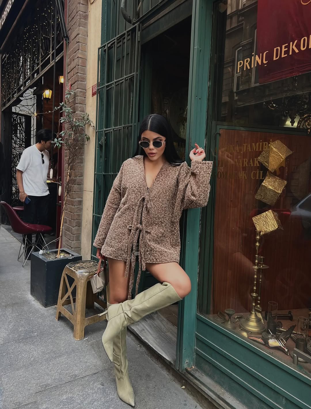 Kadın Tüylü Örme Triko Bağlamalı Hırka Tunik Boy Oversize Salaş Ceket