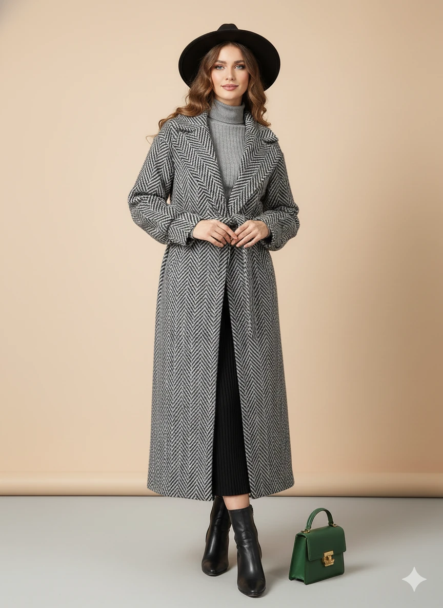 Balıksırtı/Chevron Desenli Yün Palto Kuşak Bağlama Detaylı Uzun Kaban Gri Kışlık