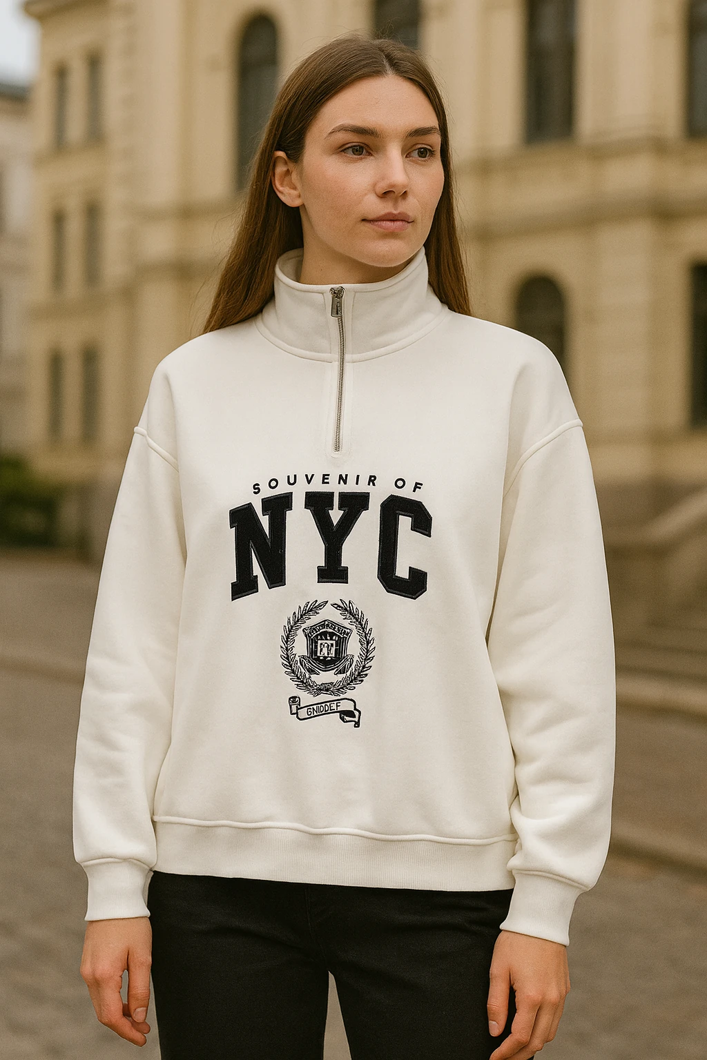 ÖNÜ FERMUARLI NYC BASKILI SWEAT