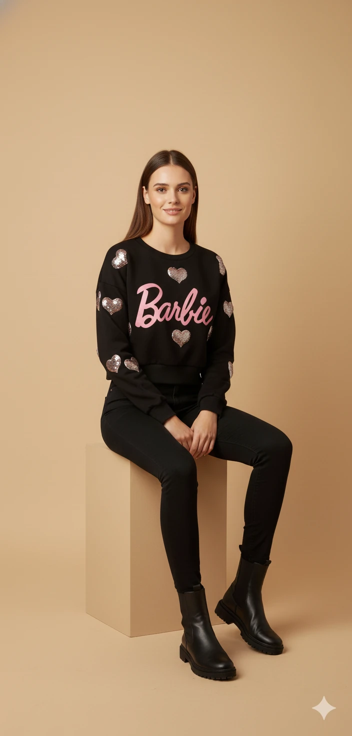 Kadın Barbie Yazılı Crop Sweat Payetli Kalp Detaylı Yuvarlak Yaka Basic Kısa Sweat - Siyah