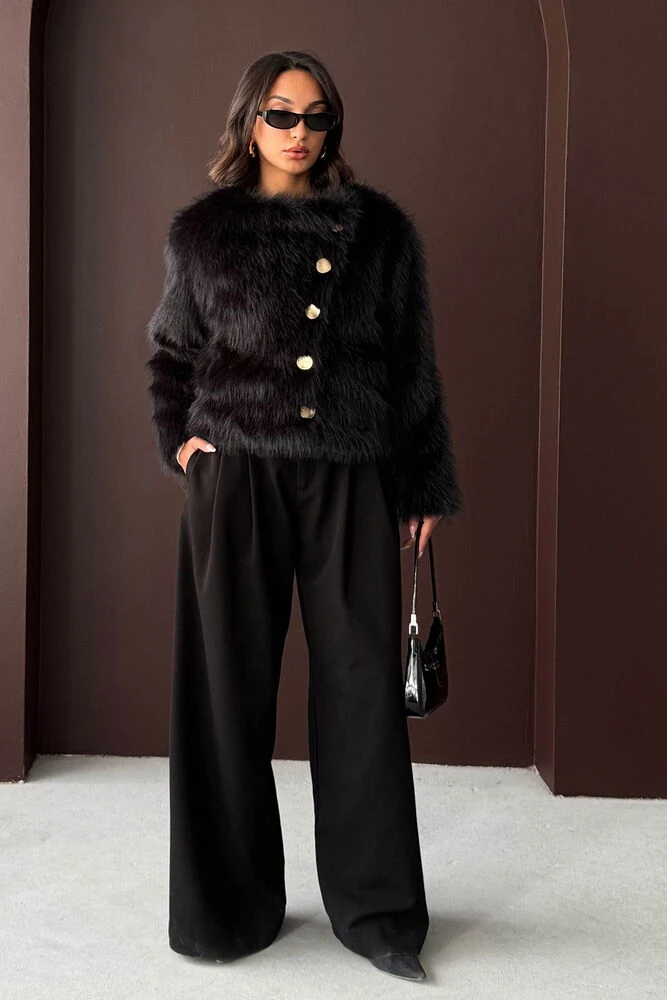 Kadın Vintage Peluş Tüylü Crop Ceket Altın Düğmeli Bisiklet Yaka Kışlık Şık Ceket - Siyah