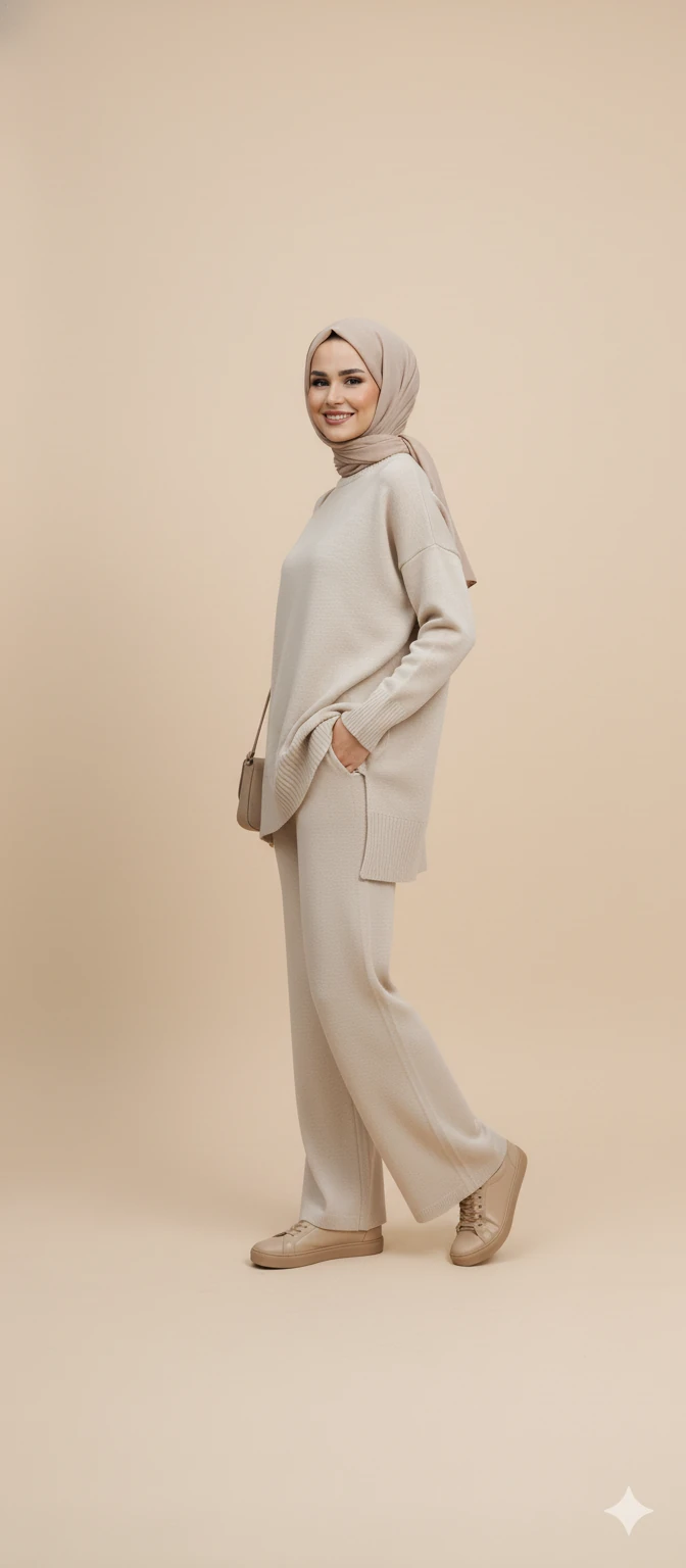 Triko Tunik Pantolon Tesettür Takım - Taş