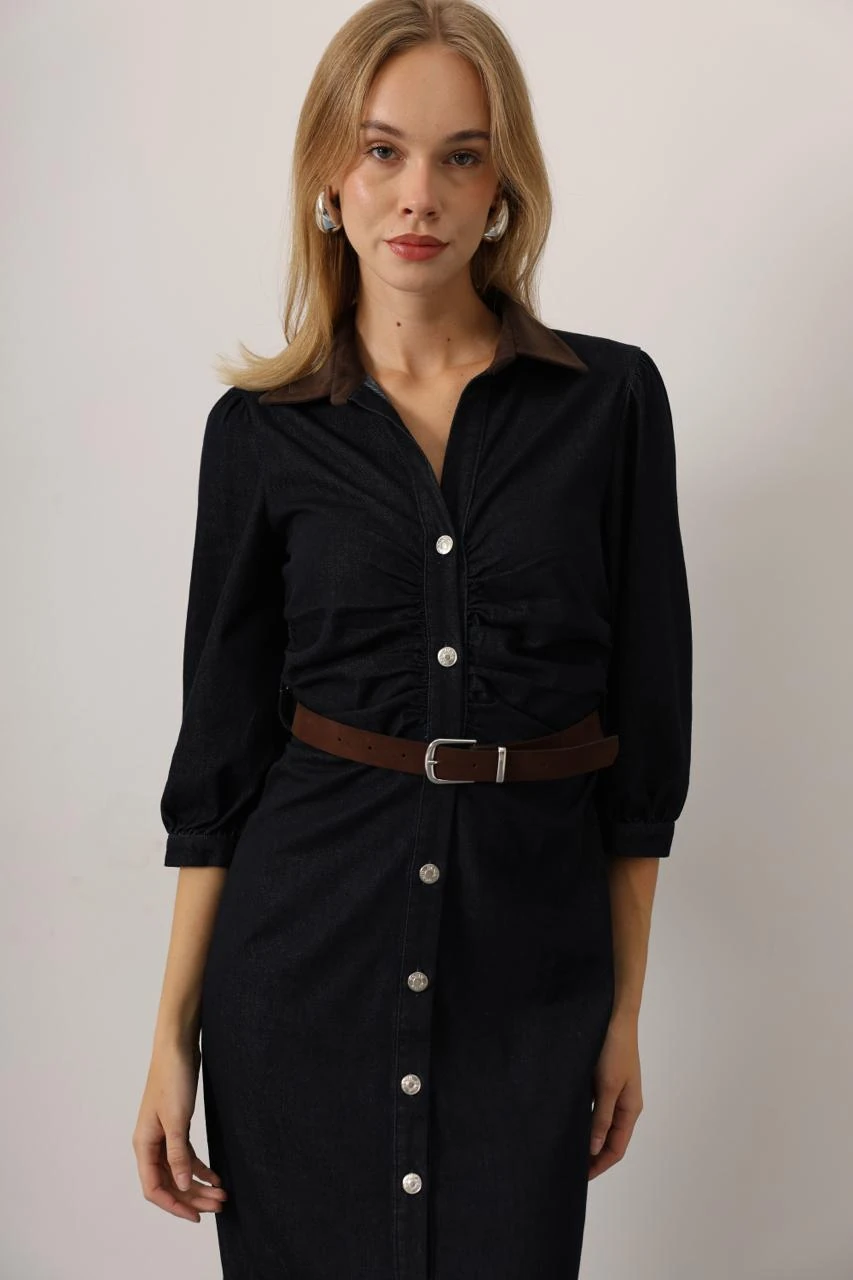 Kadın Kemerli Slim Fit Midi Kot Elbise Gömlek Yaka Düğme Detaylı Denim Elbise