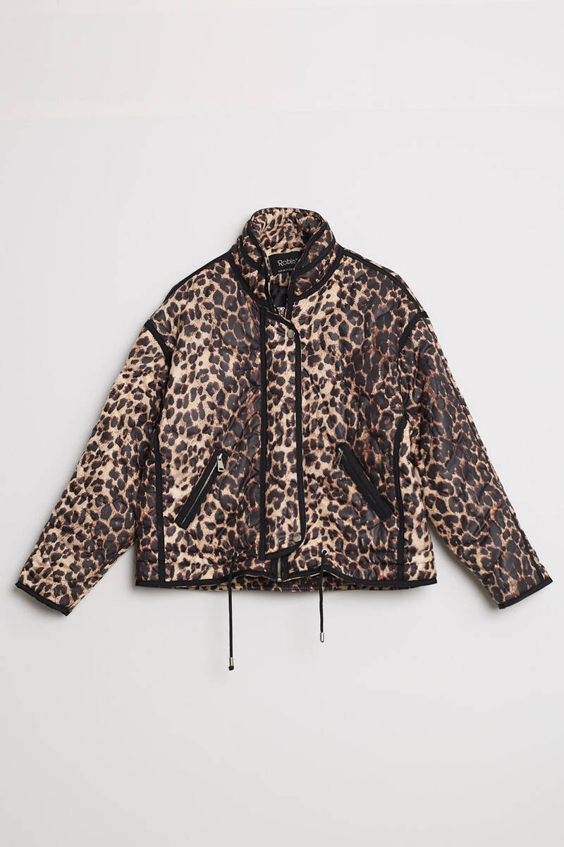 Kadın Leopar Desenli Kapitone Crop Şişme Mont Dik Yaka Kısa Kışlık Puffer Ceket