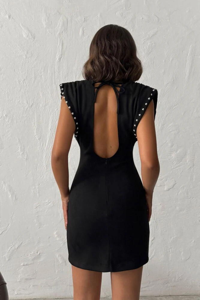 Kadın Sırt Dekolteli Omuz Vatkalı Omuz Droplu Süet Elbise - Siyah