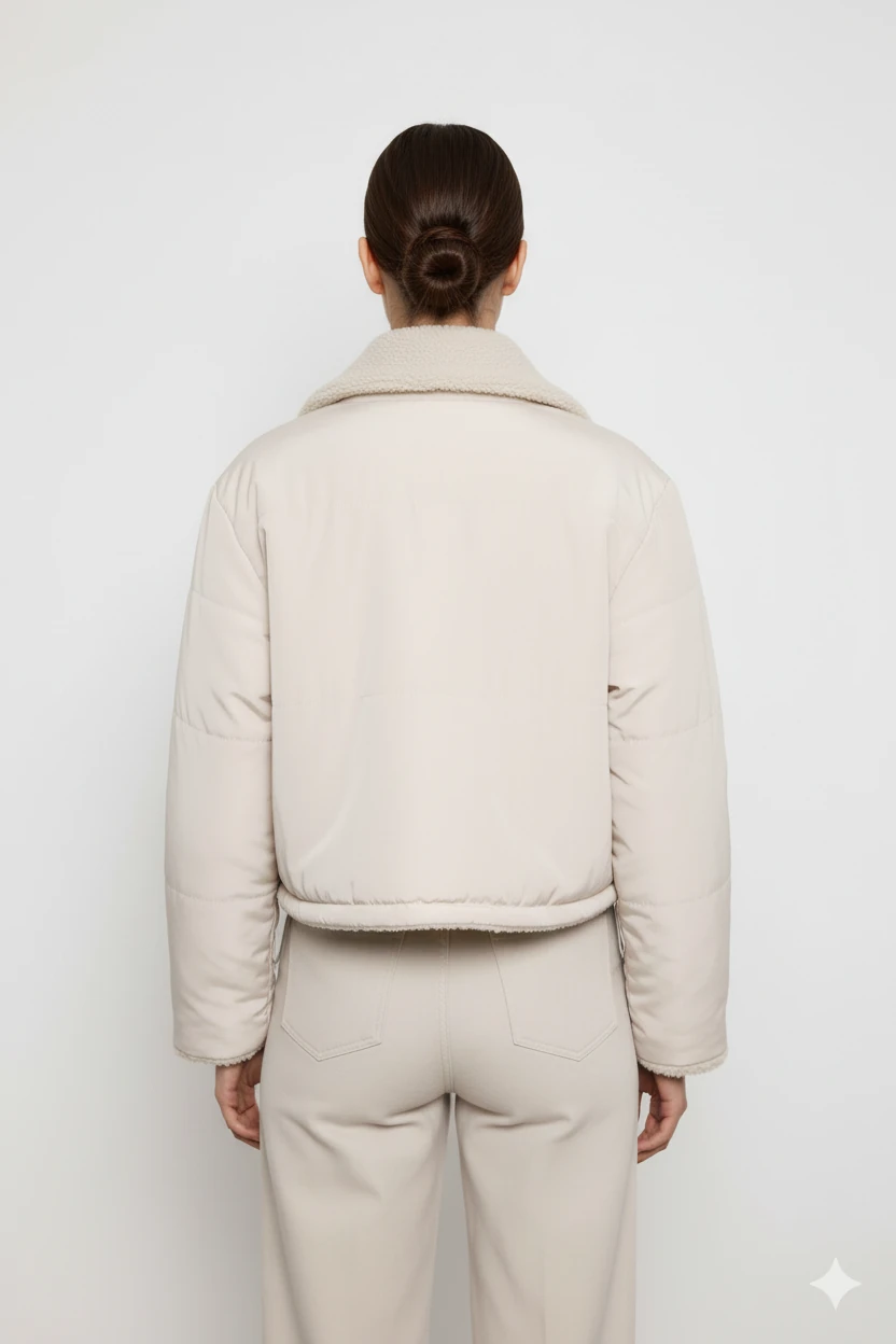 Cemo Düğmeli Kuzu Kürk Yakalı Kısa Ceket Açık Bej