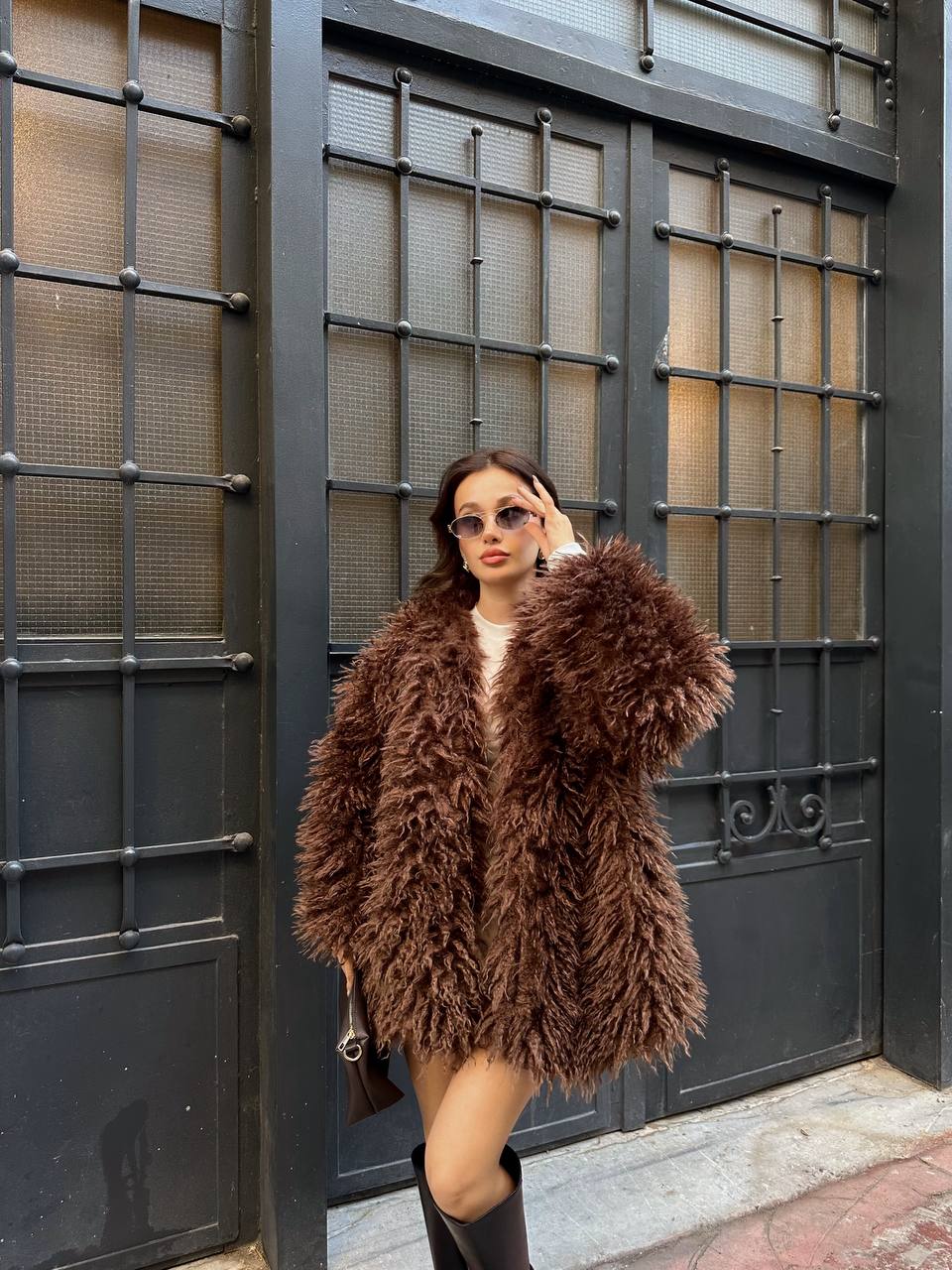 Deve Tüylü Teddy Kürk Büyük Boy Mont - Kahverengi