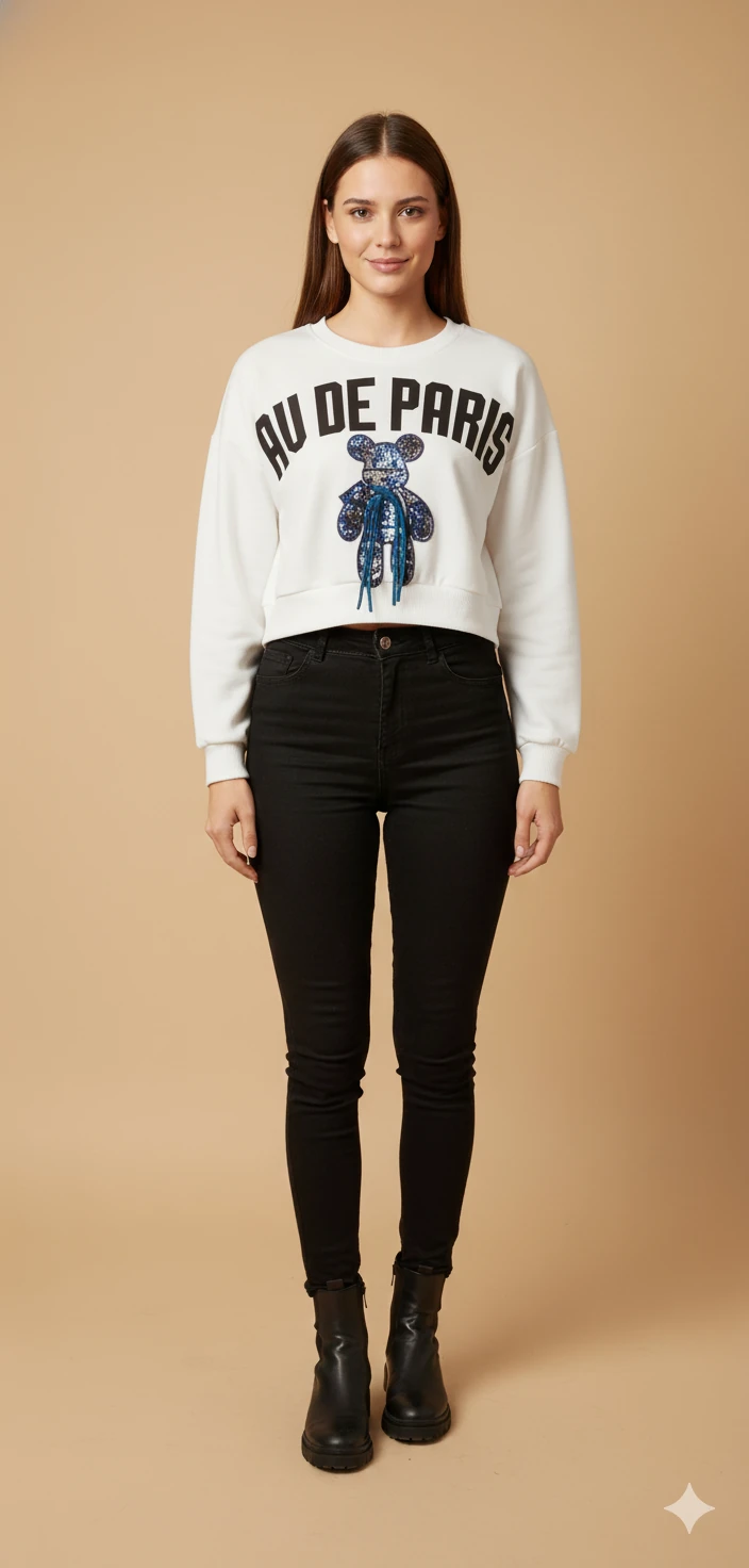 Kadın Ayı Figürlü Crop Sweat Payetli Teddy Bear İpli Detaylı Yazılı Yuvarlak Yaka Kısa Swat