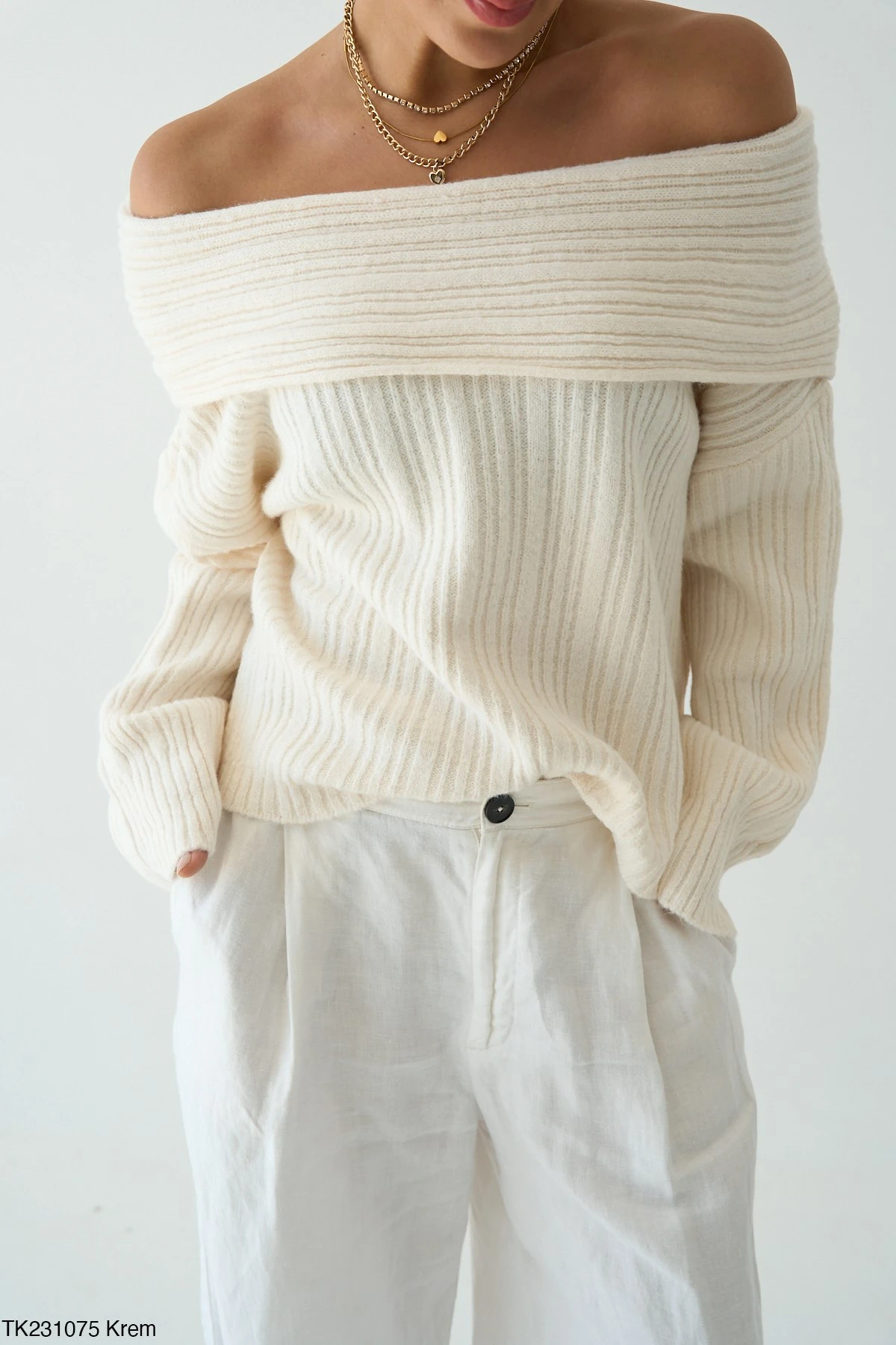 Kadın Omuz Açık Kaburga Örgü Geniş Yaka Büyük Boy Kazak - Ekru