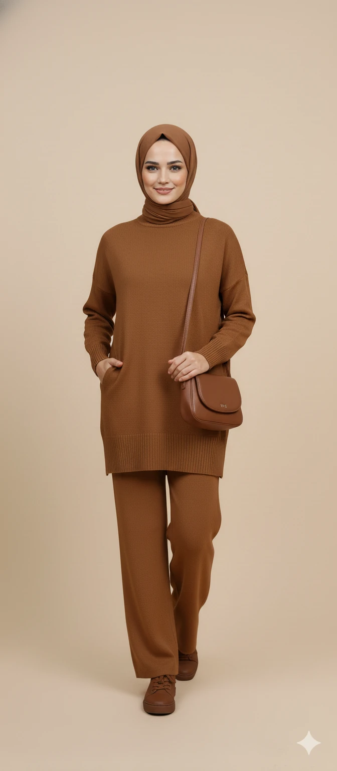 Triko Tunik Pantolon Tesettür Takım - Kahverengi