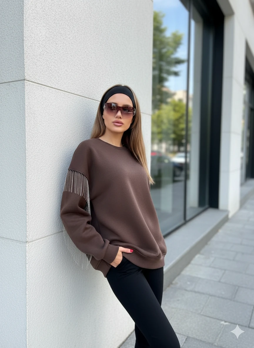 Püsküllü Uzun Kollu Sweat - Kahverengi