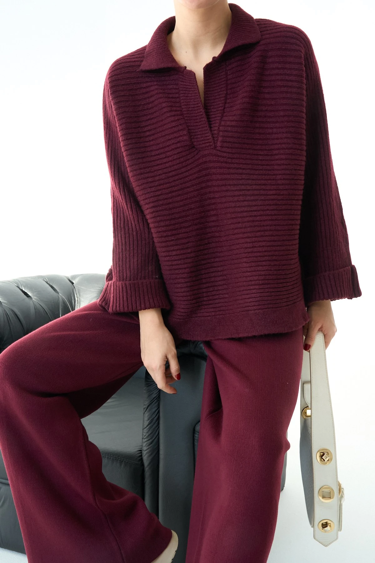 Kadın Kaburga Örgü Uzun Kollu Polo Yaka Kazak Tuniği - Bordo