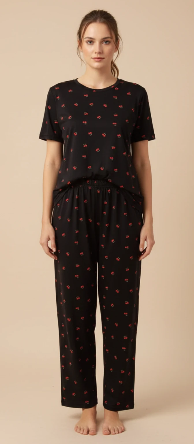 Kiraz Baskılı Çizgili Kısa Kollu Pijama Takımı