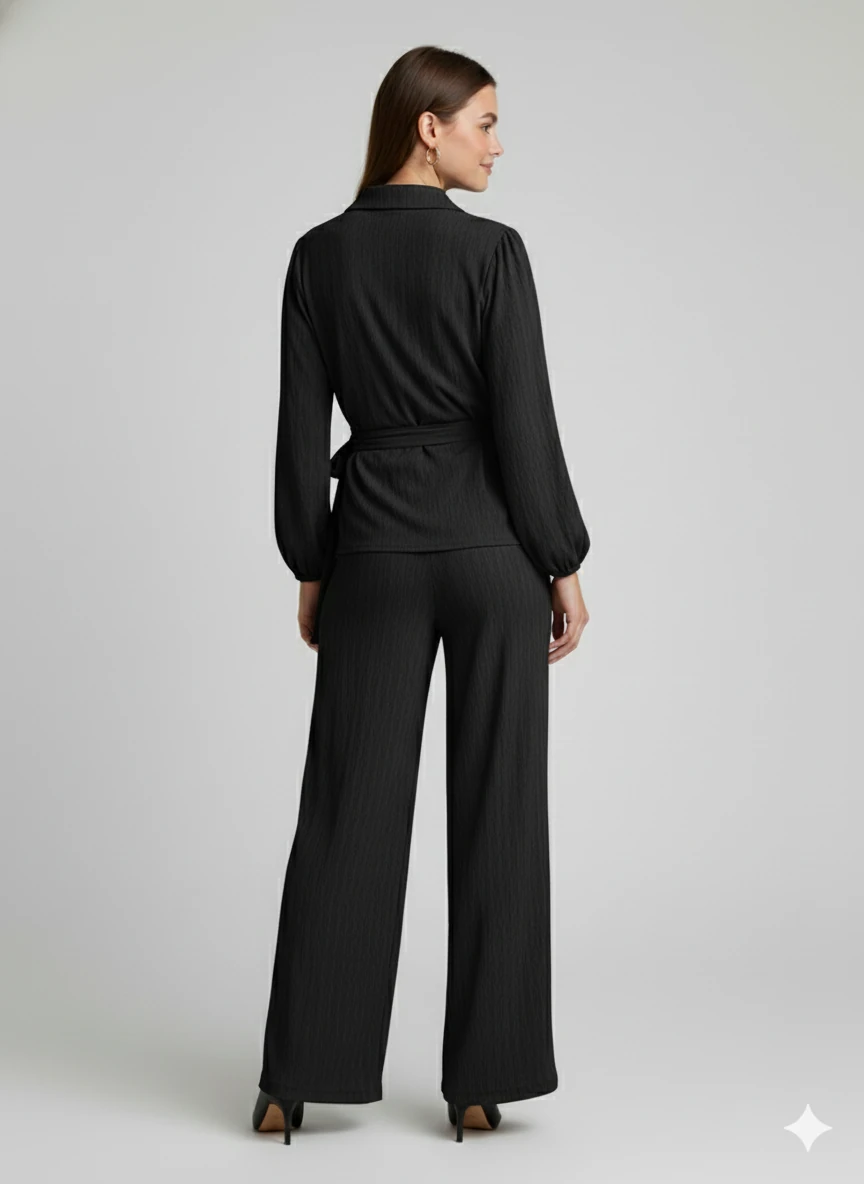 Kadın Kruvaze Bluz ve Geniş Paça Pantolon İkili Takım Bürümcük Kumaş Şık Set