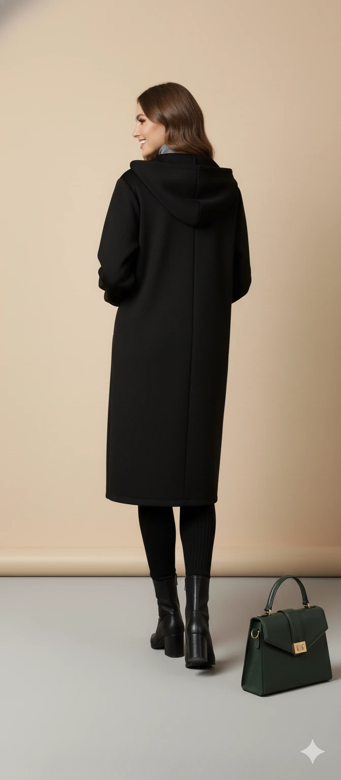 Kadın Gri Kapüşonlu Balon Kol Fermuarlı Kaban Oversize Midi Boy Kışlık Kaşe Mont - Siyah