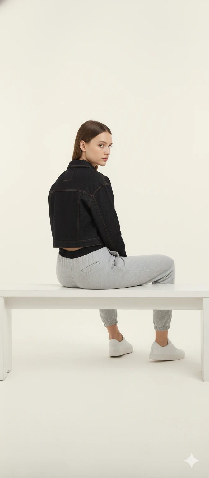 Cemo Siyah Jean Ceket ve Gri Eşofman Altı Kombin Seti