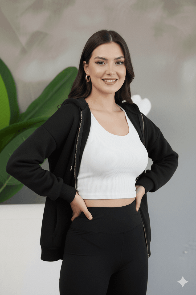 Kadın Genç Unisex Cepli Kapüşonlu Fermuarlı Sweatshirt Hırka