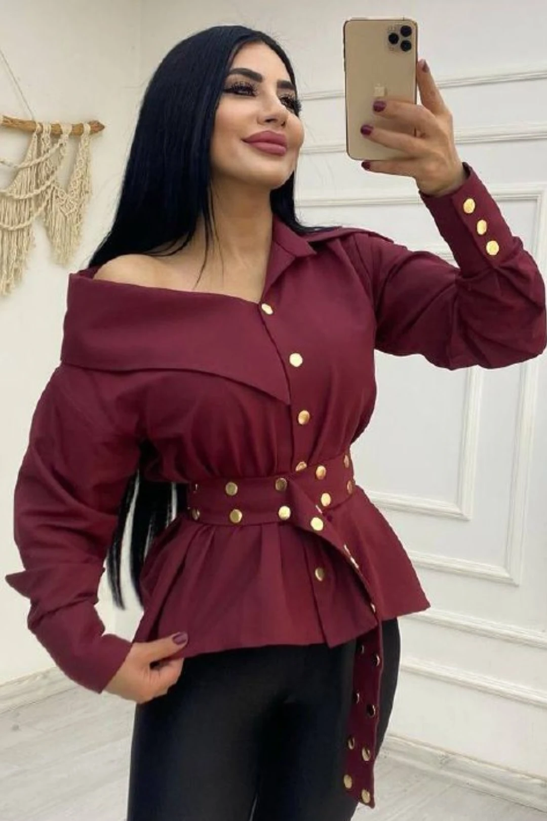 KADIN ARTiZON GENİŞ YAKA BELİNDE KUŞAK GÖMLEK - Bordo