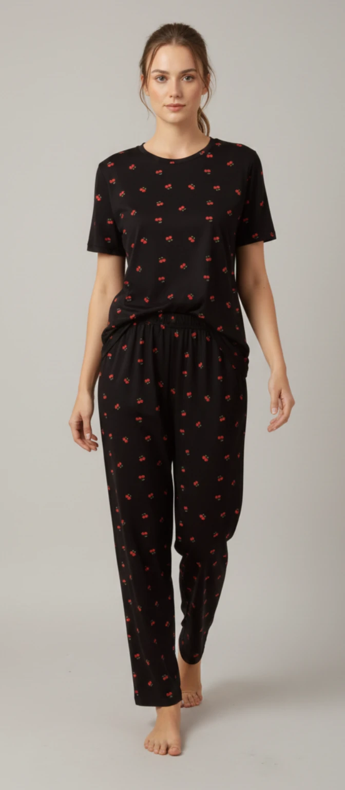 Kiraz Baskılı Çizgili Kısa Kollu Pijama Takımı