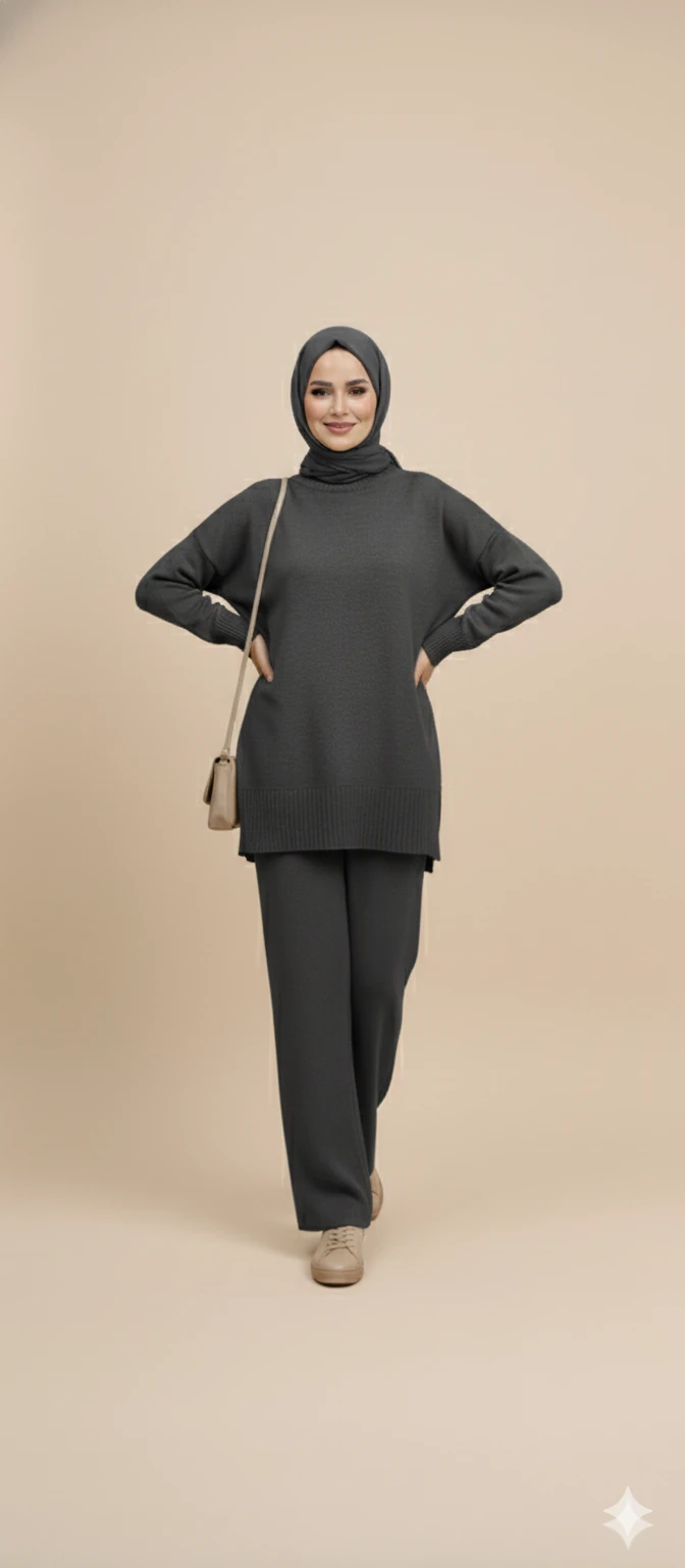 Triko Tunik Pantolon Tesettür Takım - Antrasit