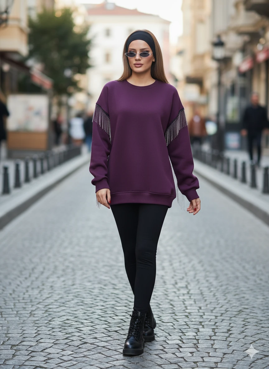 Püsküllü Uzun Kollu Sweat - Mürdüm