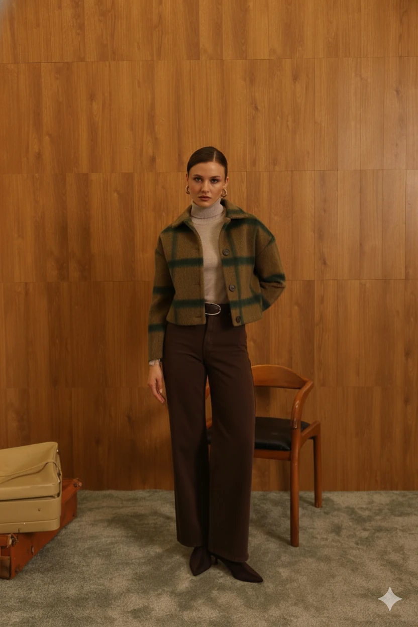 Kadın  Çizgili Örme Triko Hırka Ceket Düğmeli Kışlık Kalın Badi Ceket - HAKİ