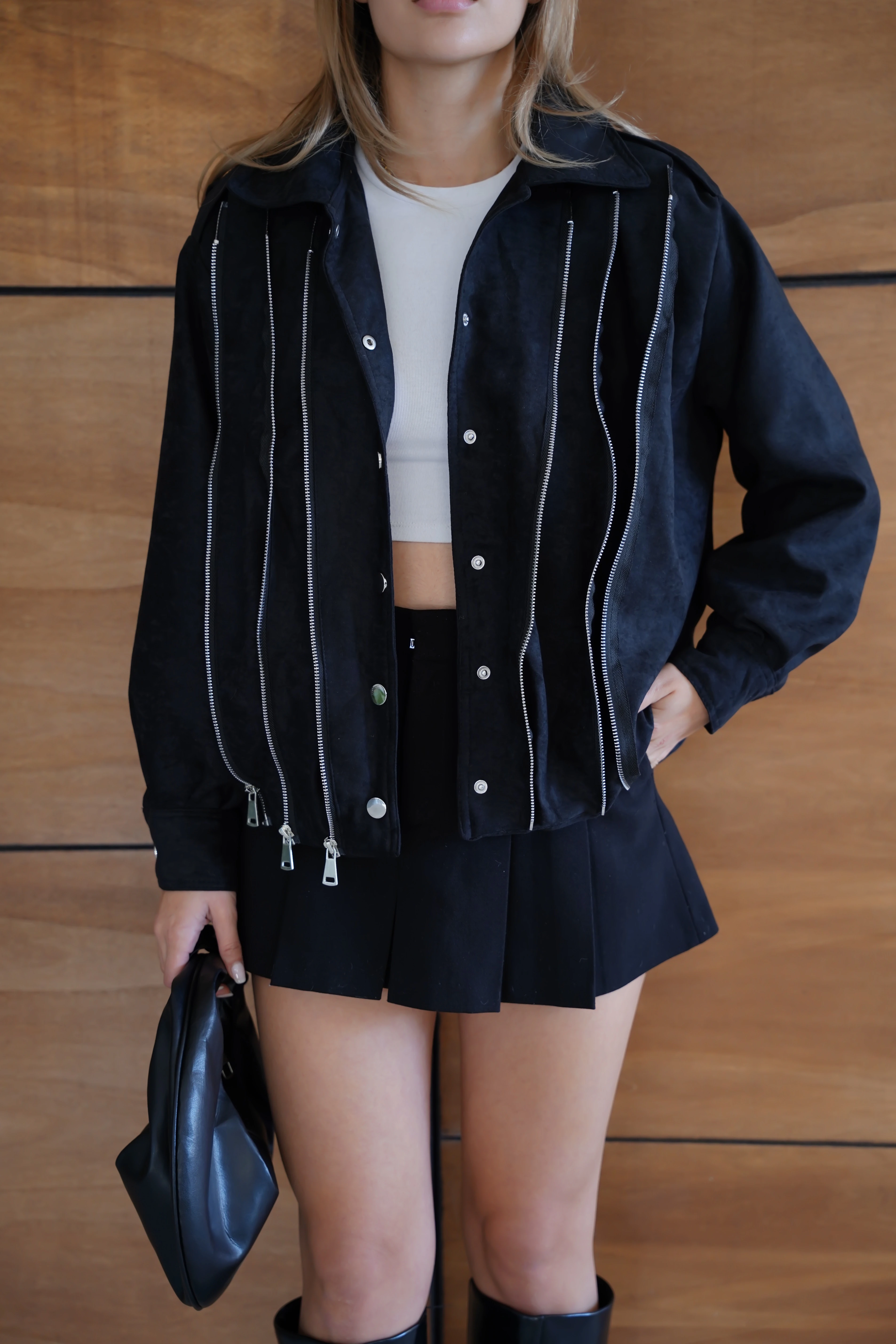 Kadın Bordo Fermuar Detaylı Kısa Ceket Bomber Gömlek Yaka Baharlık Ceket - Siyah