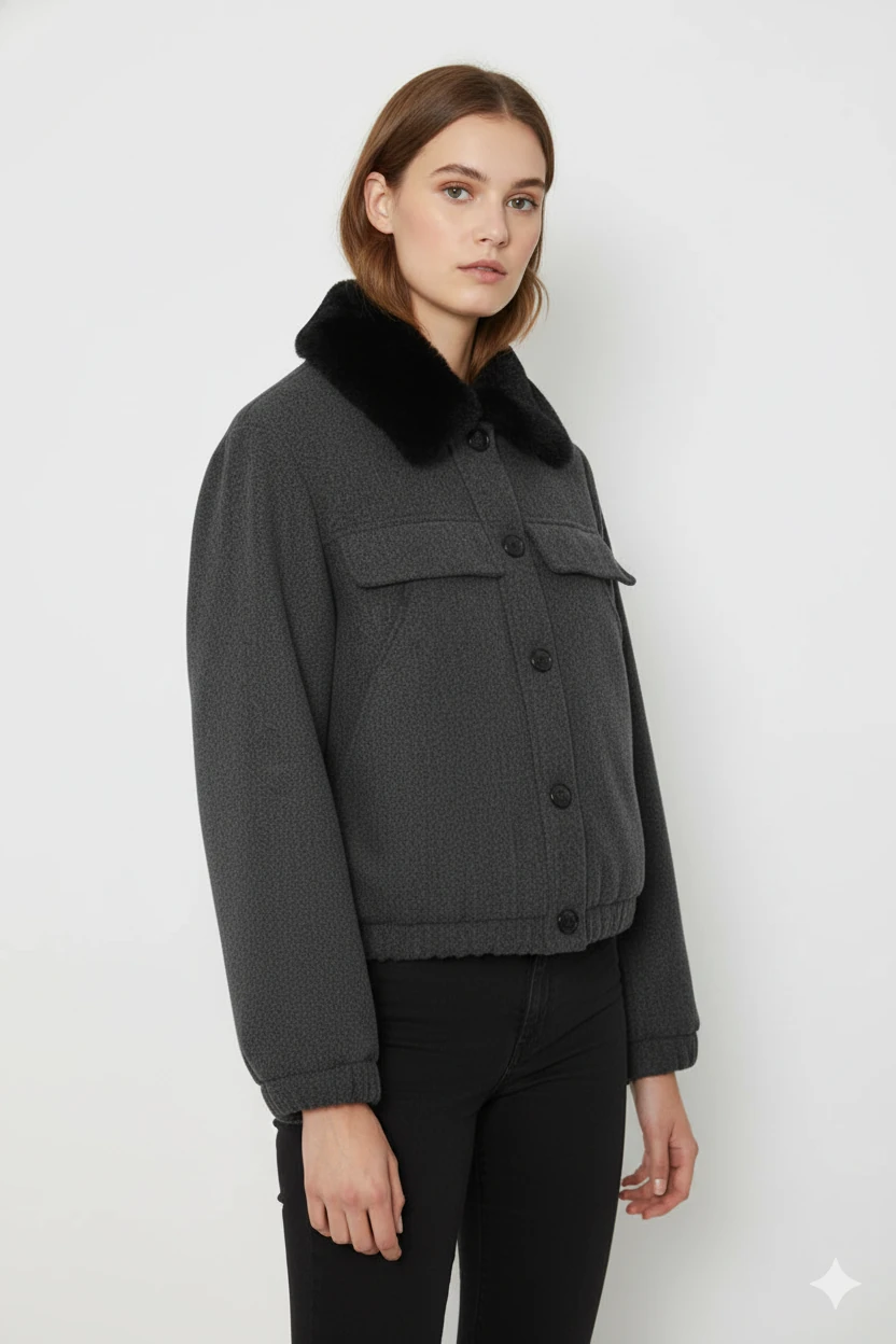 Cemo Kuzu Kürk Yakalı Düğmeli Kısa Suni Deri Ceket - Antrasit