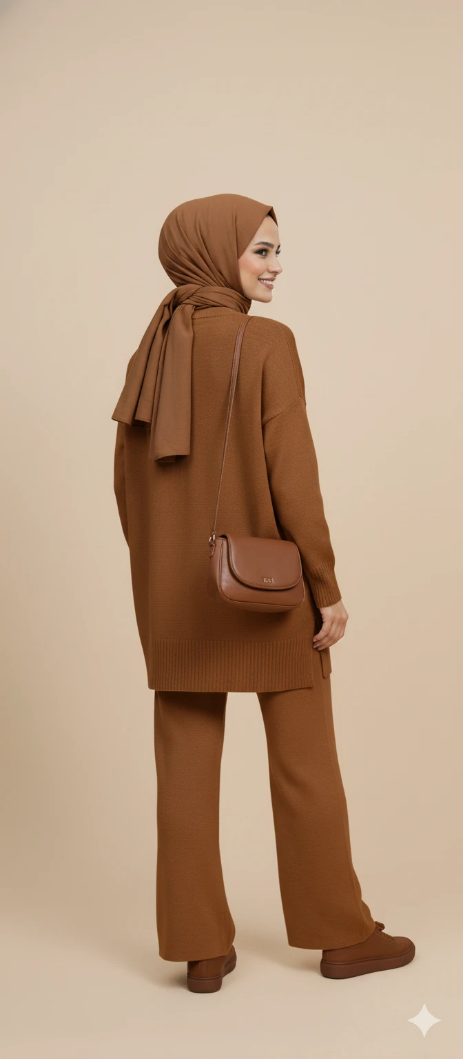 Triko Tunik Pantolon Tesettür Takım - Kahverengi