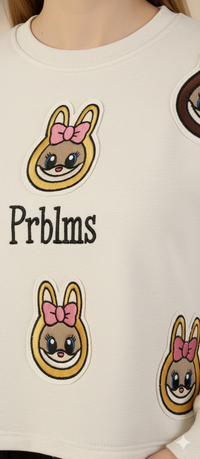 Kadın Labubu Karakter Yama Detaylı Crop Sweat Bisiklet Yaka Uzun Kollu Kısa Sweat - Ekru