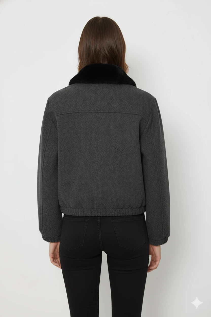 Cemo Kuzu Kürk Yakalı Düğmeli Kısa Suni Deri Ceket - Antrasit