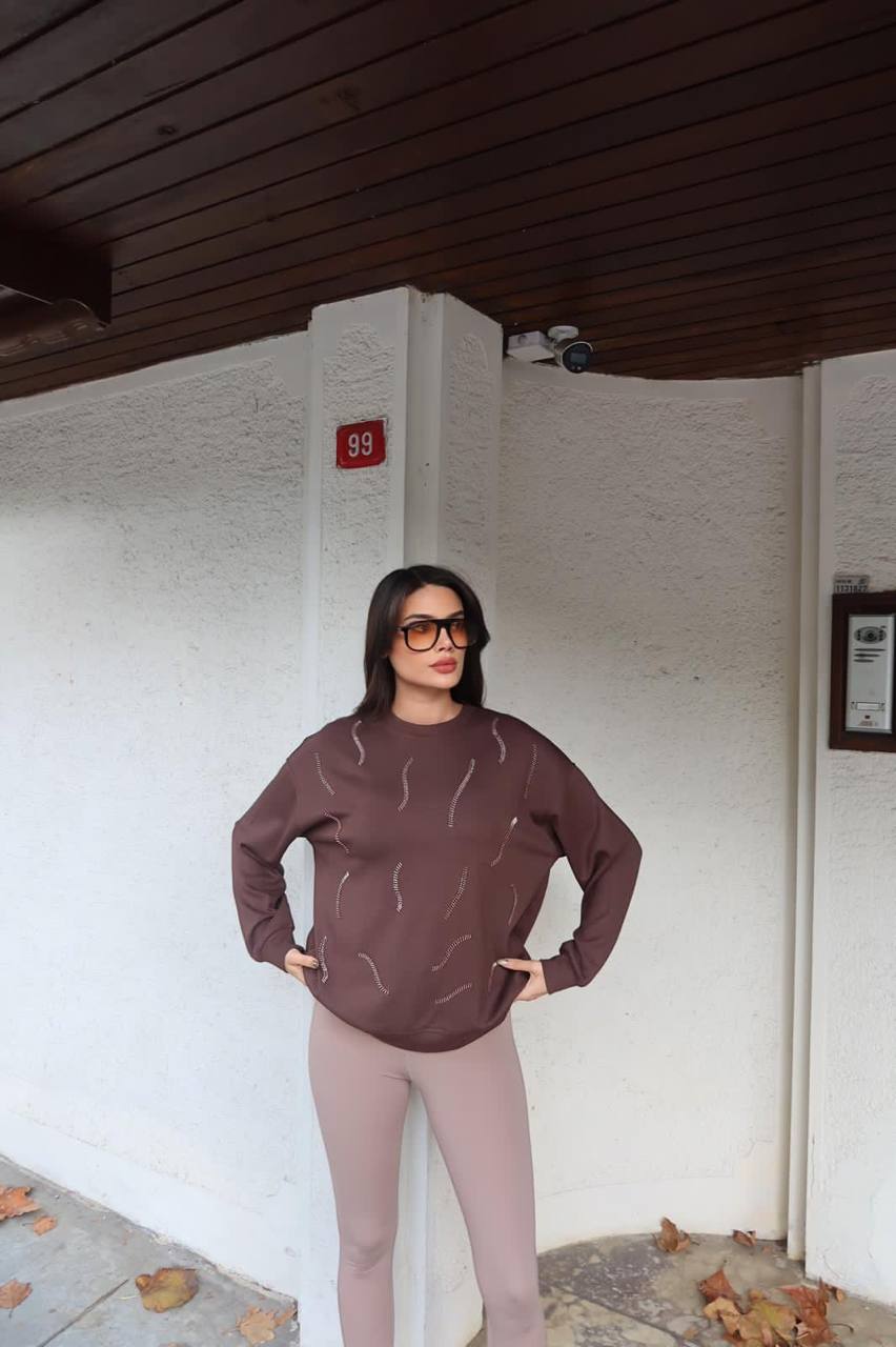 Cemo Günlük Uzun Kollu Bisiklet Yaka Basic Bluz/Sweatshirt - Kahverengi