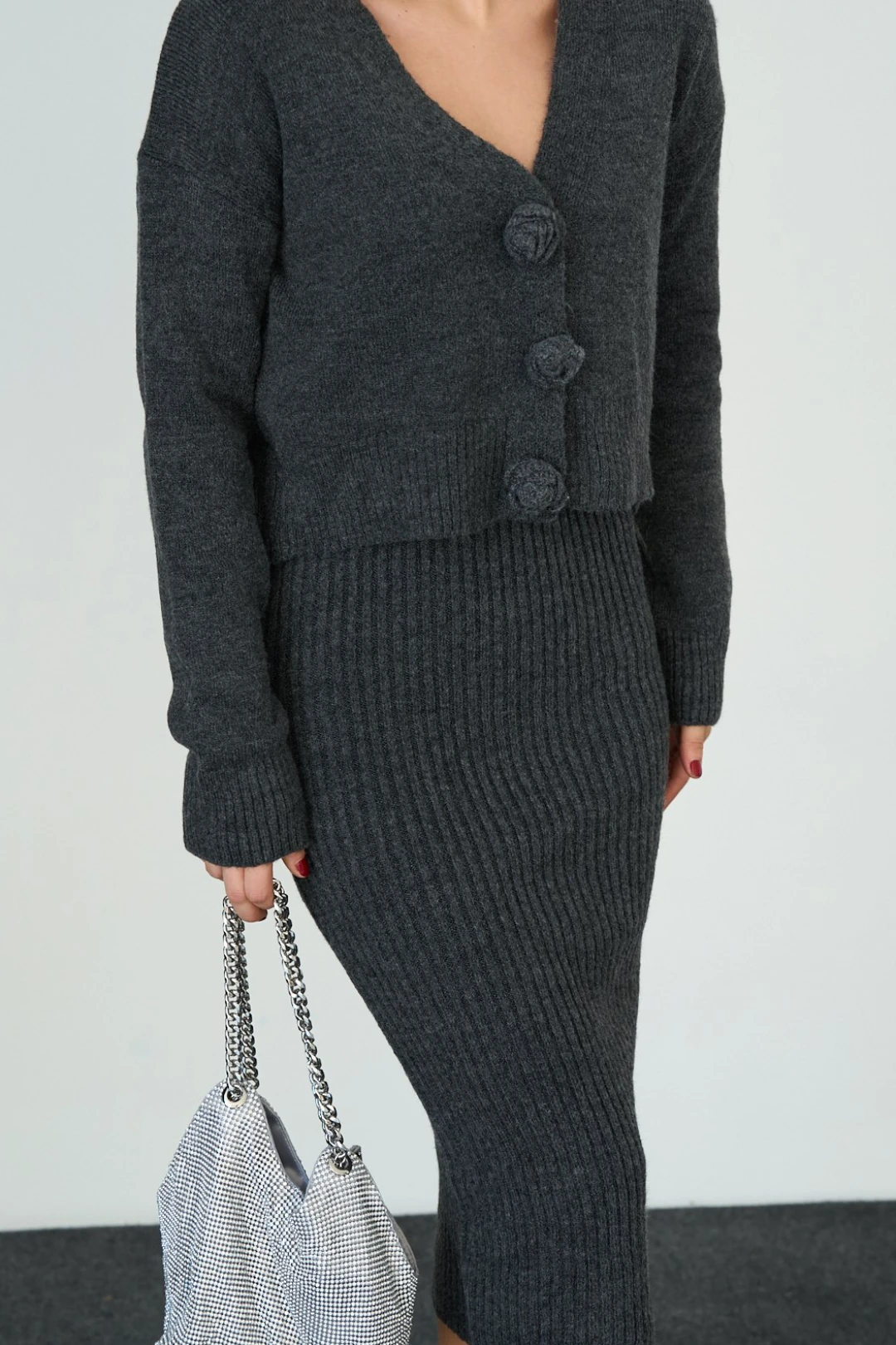 Kadıni Örgü Kısa Hırka Kazak - Antrasit