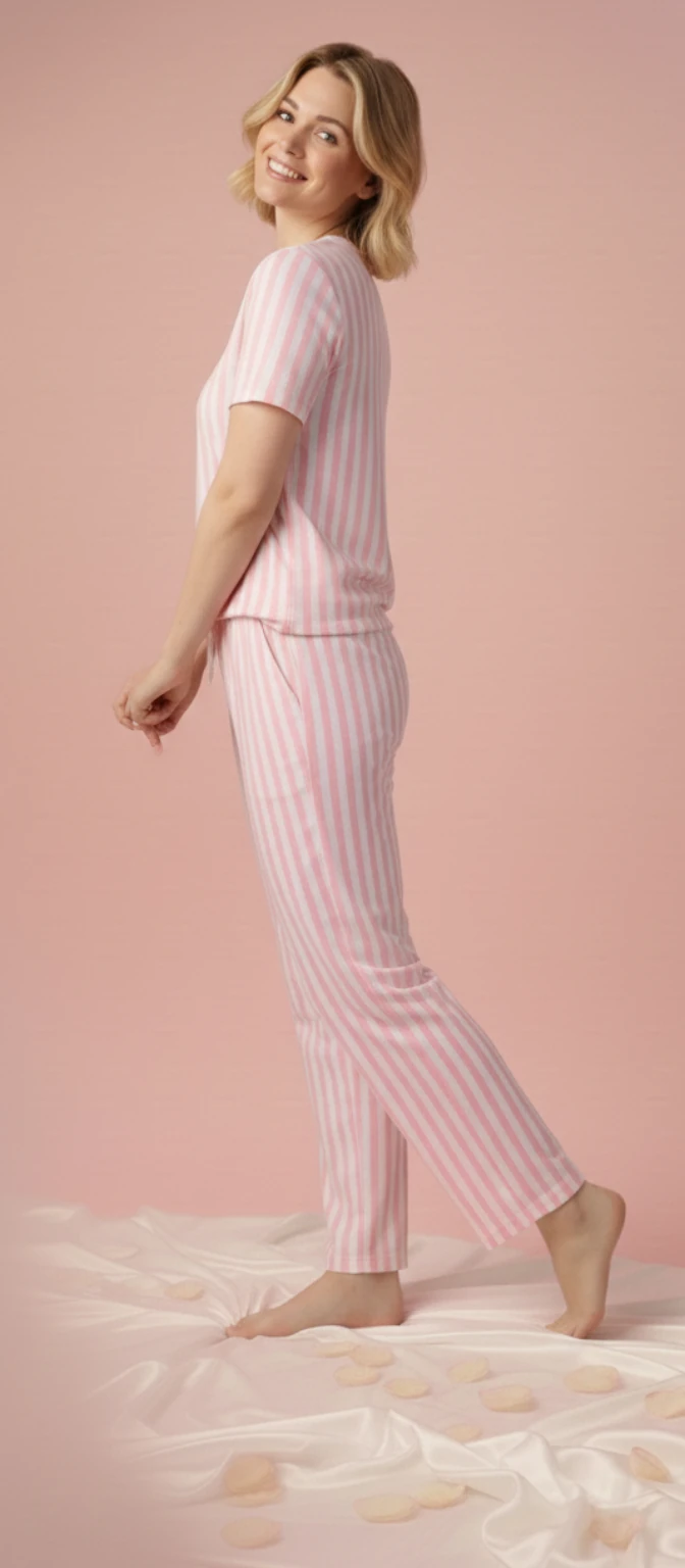 Pembe Beyaz Çizgili Kısa Kollu Pijama