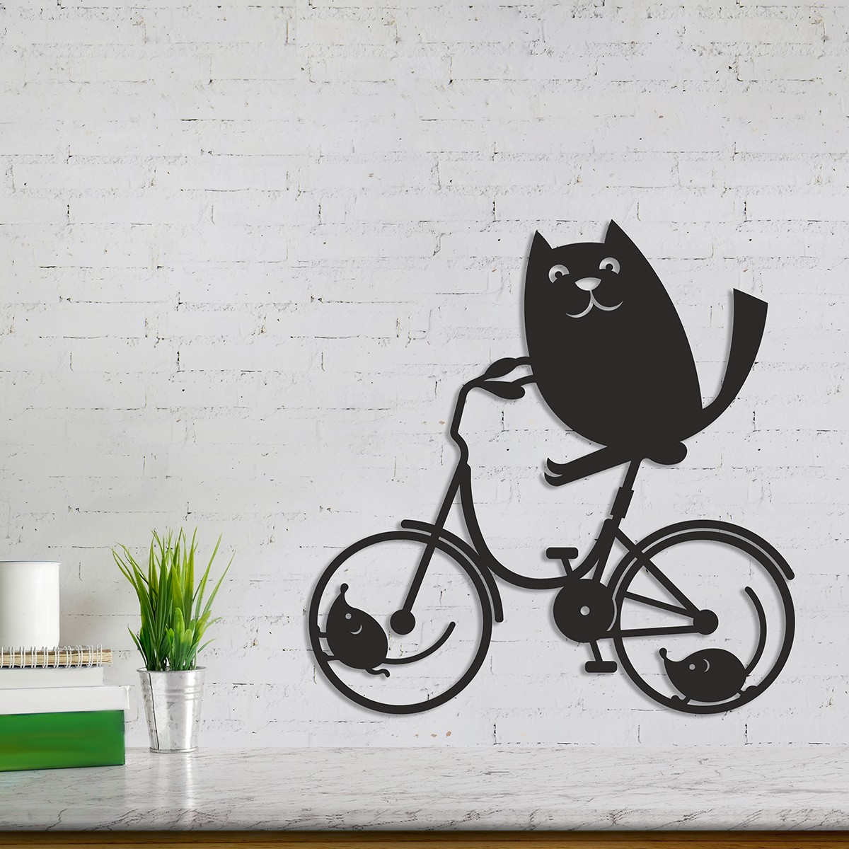 Metal Wall Art Playful Cat Riding Bike and Rolling Mouse