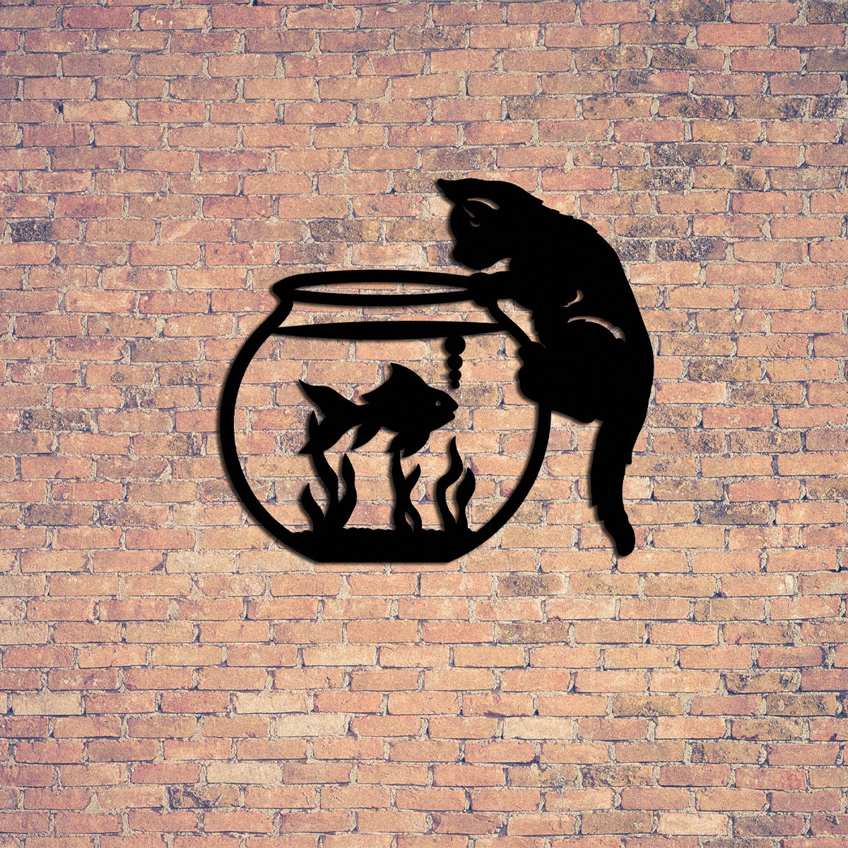 Metal Wall Art Curious Kitten Watching Fish on Aquarium
