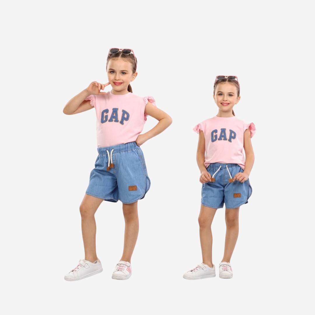 Kız Çocuk Orijinal Model  Kot Şortlu İkili Takım Pembe