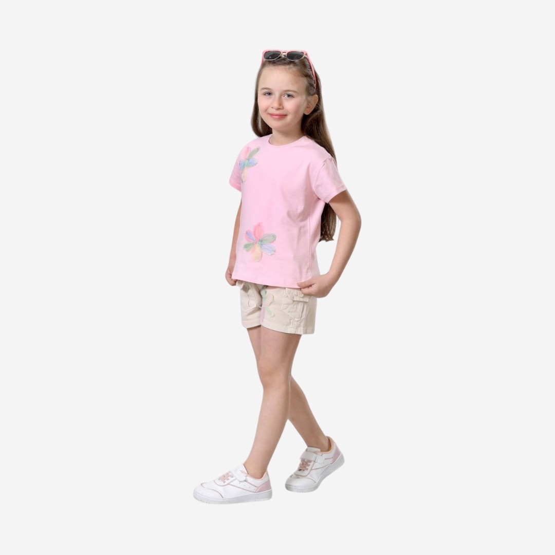 Kız Çocuk Renkli Çiçek Desenli Şortlu İkili Takım Pembe