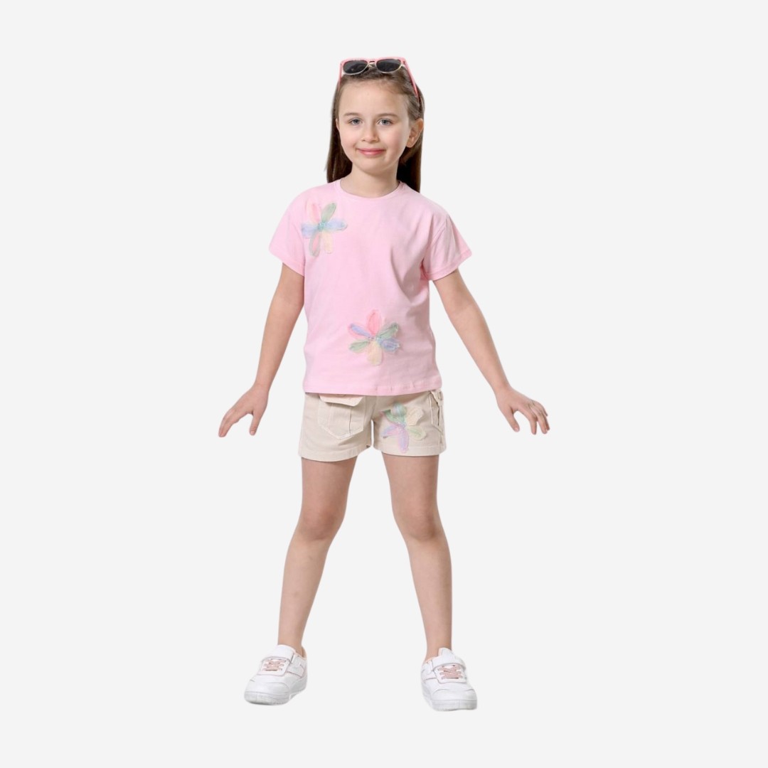 Kız Çocuk Renkli Çiçek Desenli Şortlu İkili Takım Pembe