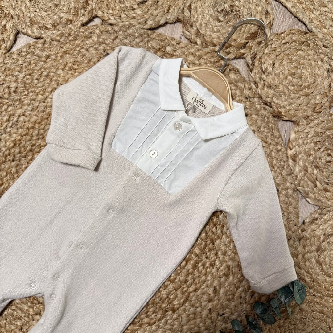 Yenidoğan Kız ve Erkek Bebek Gömlek Yaka Detaylı Patikli Tulum Bej