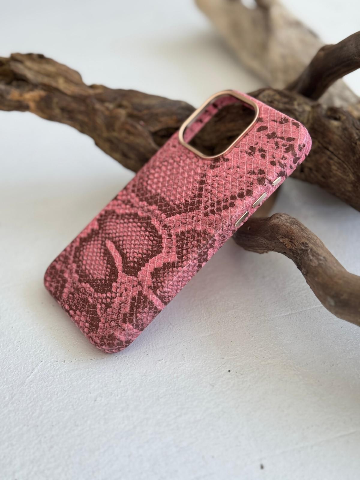 Deri Görünümlü Snake Pembe Kılıf
