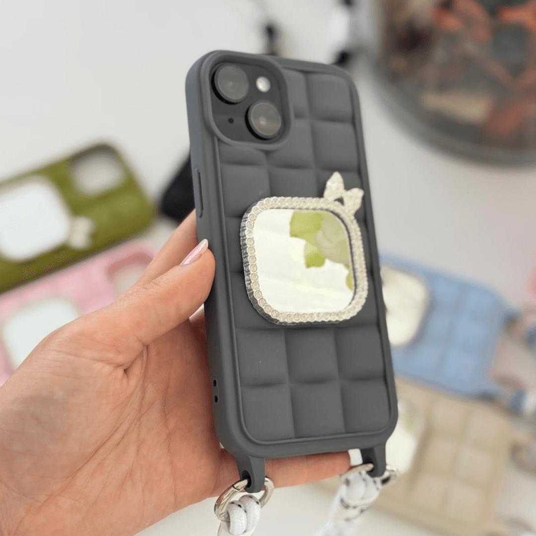 Aynalı Gri Renk Askılı Telefon Kılıfı