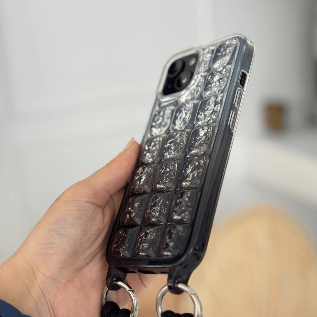 Simli Siyah Renk Şeffaf Askılı Telefon Kılıfı