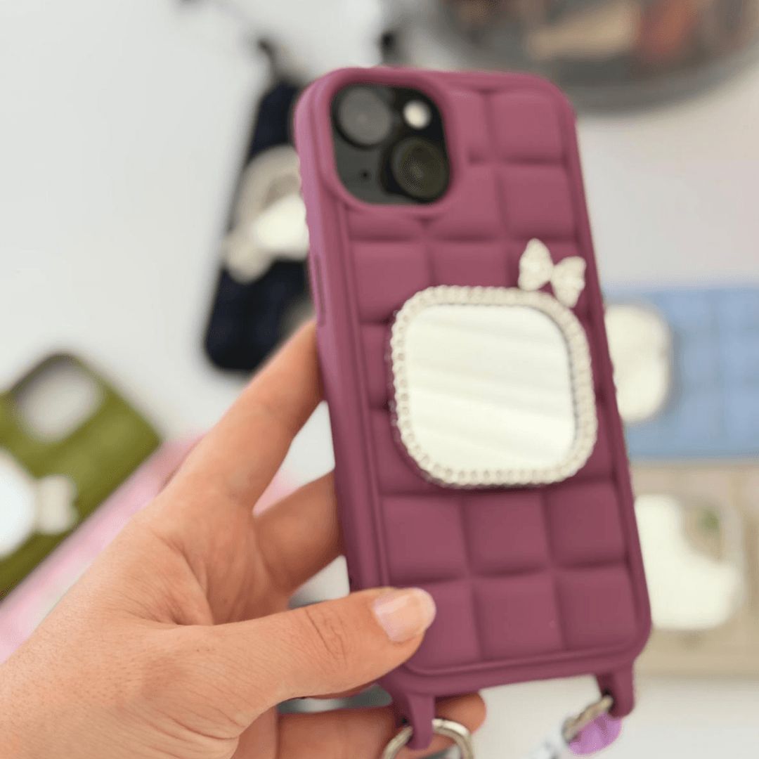 Aynalı Bordo Renk Askılı Telefon Kılıfı