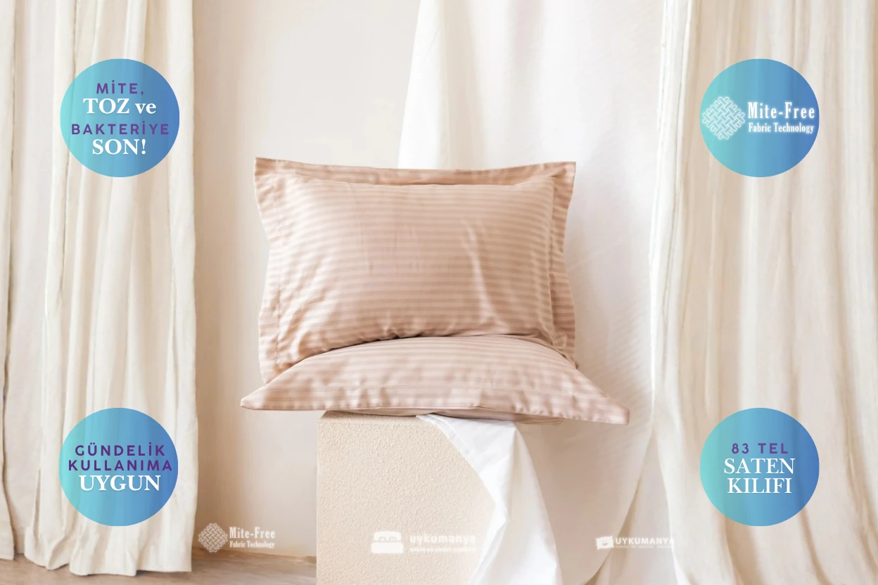 Uykumanya Otel Serisi Lüks Çizgili Saten Oxford Yastık Kılıfı (2 Adet, Krem Cappuccino)