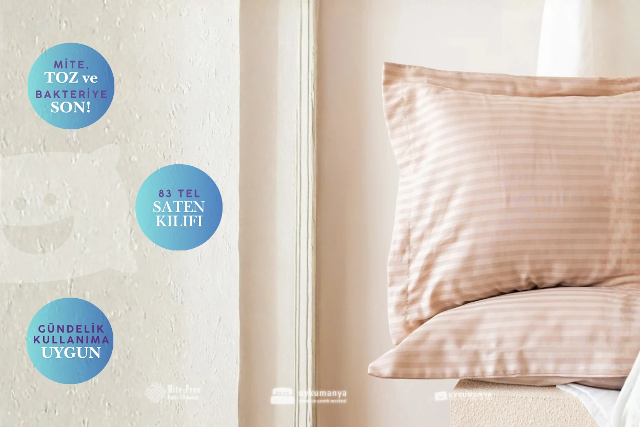 Uykumanya Otel Serisi Lüks Çizgili Saten Oxford Yastık Kılıfı (2 Adet, Krem Cappuccino)