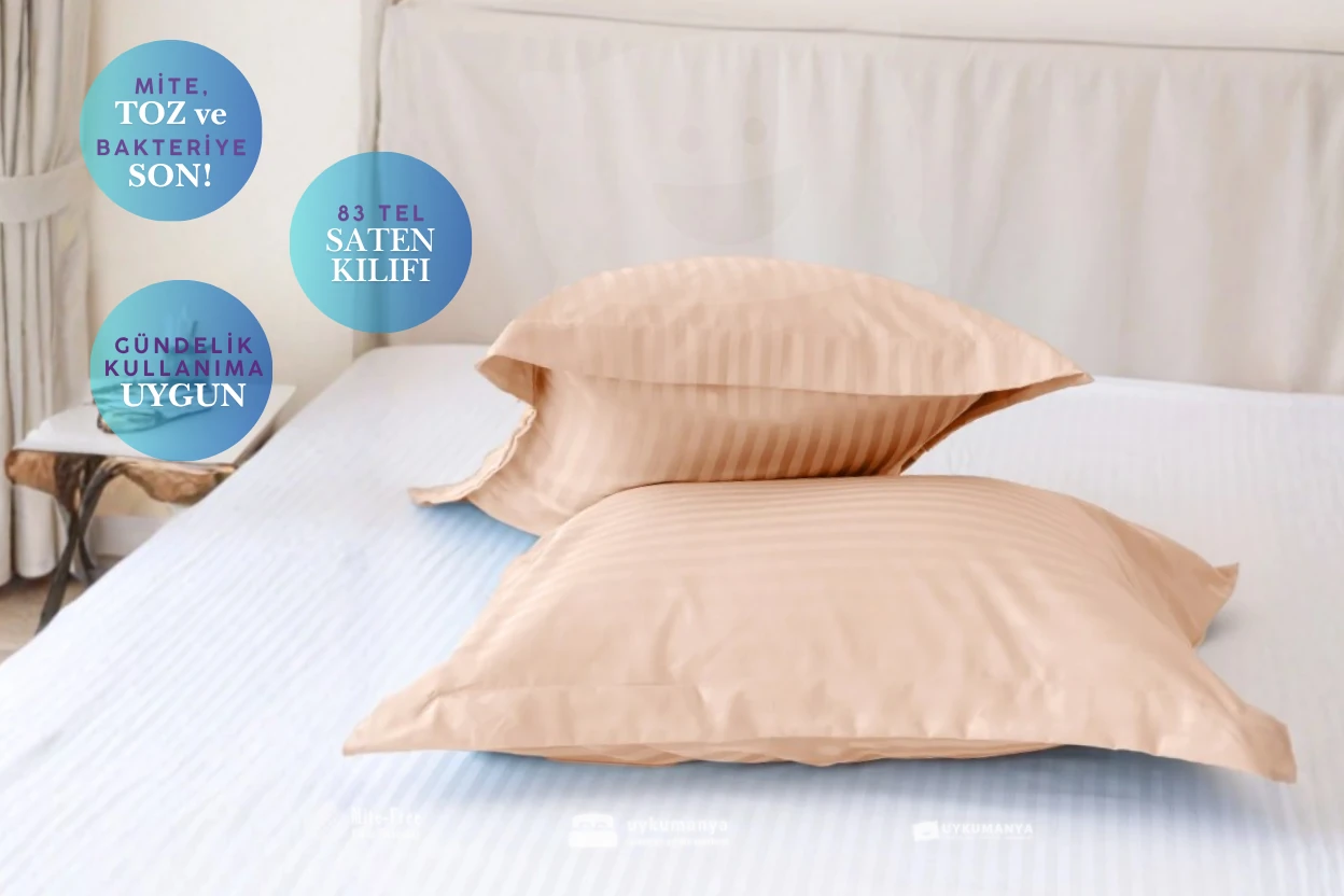 Uykumanya Otel Serisi Lüks Çizgili Saten Oxford Yastık Kılıfı (2 Adet, Krem Cappuccino)